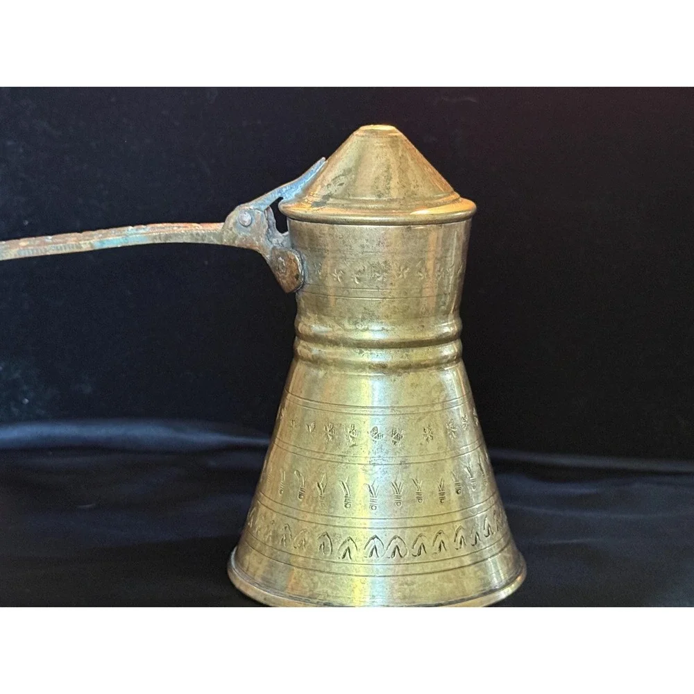 Vintage Brass Tea Set Engraved Coffee Pot & 4 Cups Moroccan Mediterranean Decor
